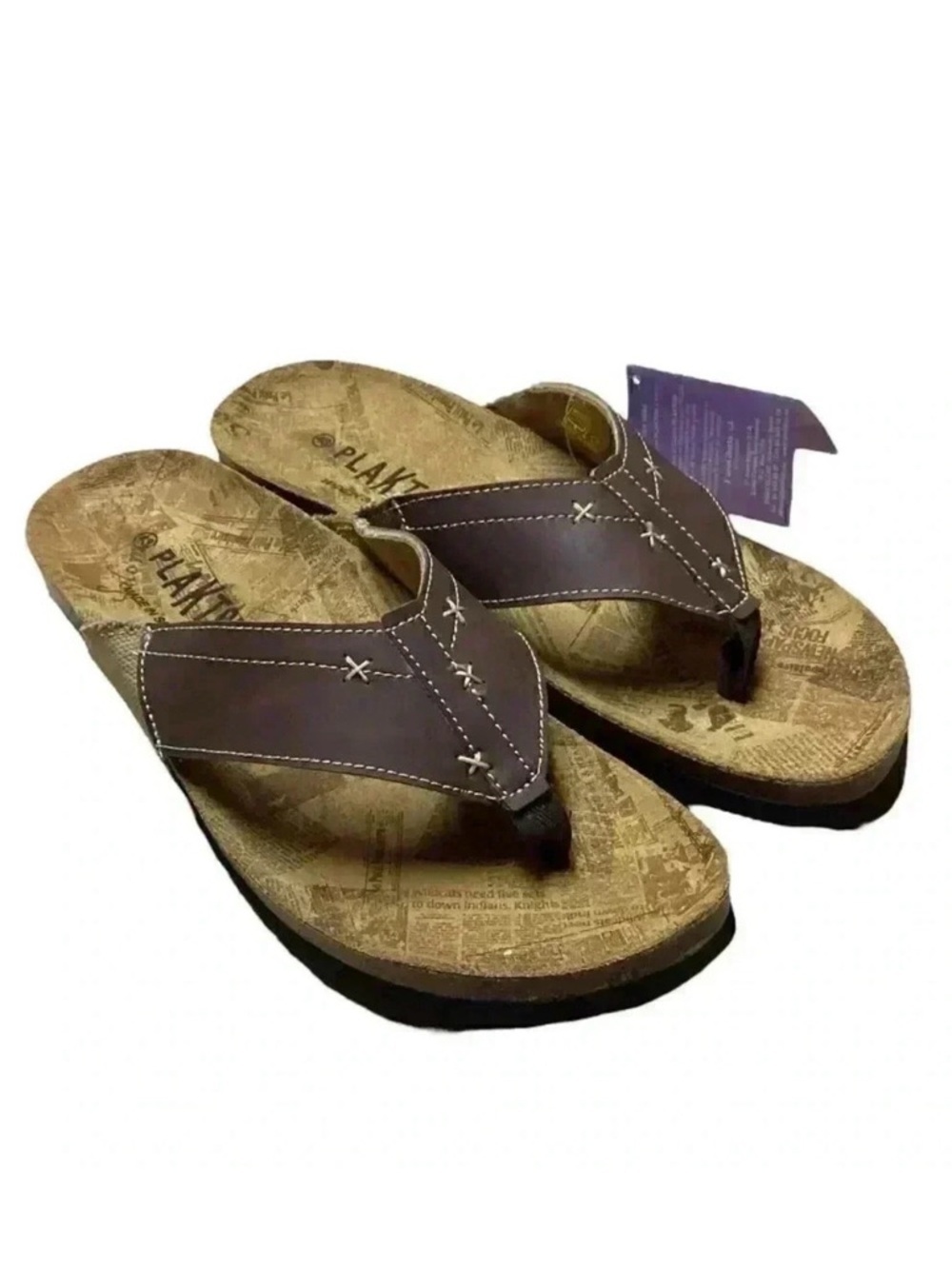 Plakton Women 10.5 43 Leather Cork Flat Thong Slide Sanals Brown Embroidery NEW